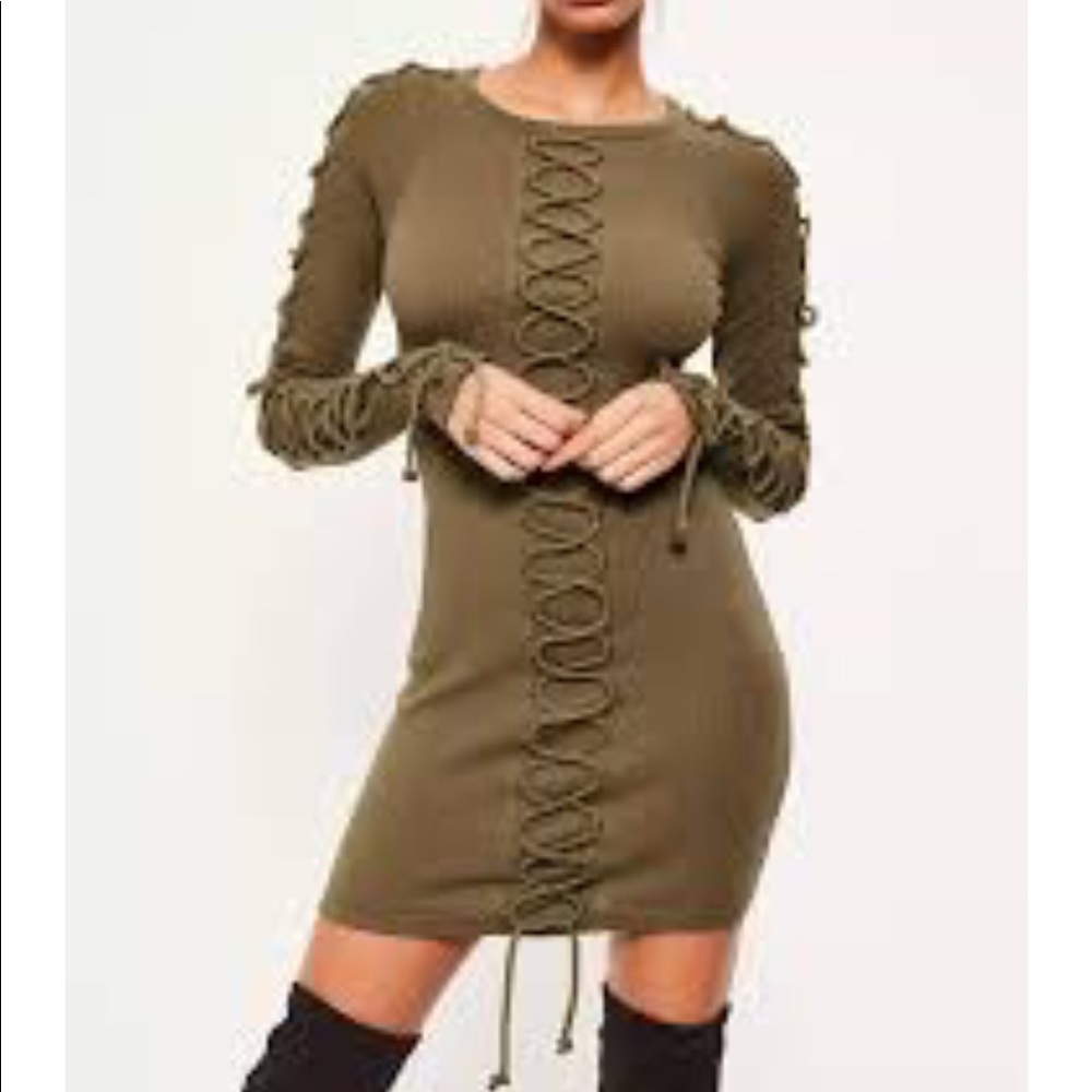 A khaki laced up detail ribbed bodycon dress
